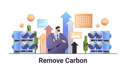 businessman with upward arrows remove carbon dioxide capture and storage responsibility of co2 emission
