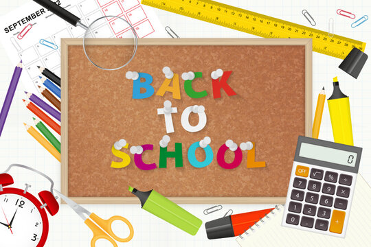 Back to school vector illustration with school supplies, letters Back to School pinned on cork board.