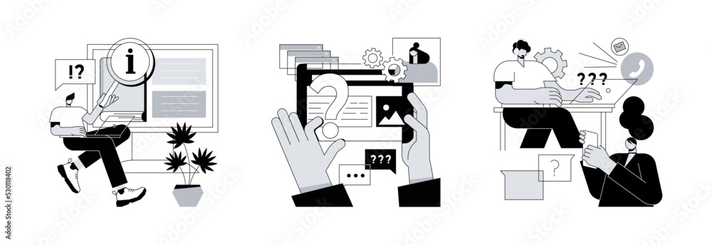 Poster website menu bar abstract concept vector illustration set. guides, faq and support landing page sect