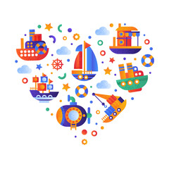 Sea and Water Transport Heart Shaped Arrangement as Seafaring and Marine Cruise Vector Template