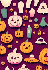 Happy Halloween background, pumpkins faces pattern illustration.