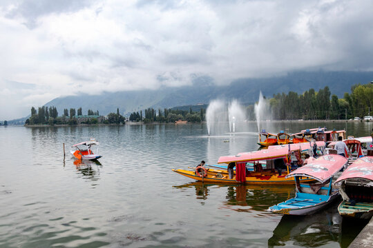 Dal Lake. Srinagar. Jammu Kashmir. shikara in dal lake with beautiful blue sky.