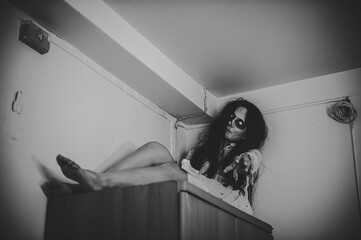 Portrait of asian woman make up ghost,Scary horror scene for background,Halloween festival...