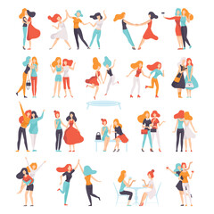 Female Friend Spending Time Together Embracing and Holding Hands Big Vector Set