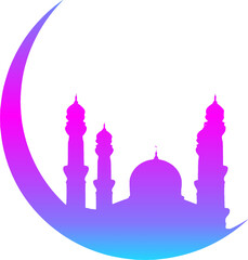 Illustration of a mosque with a crescent moon, colorful gradient