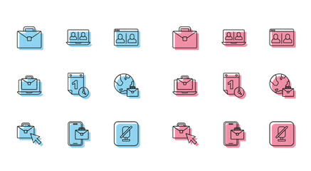 Set line Online working, Freelancer, Briefcase, Mute microphone, Time management, and Video chat conference icon. Vector