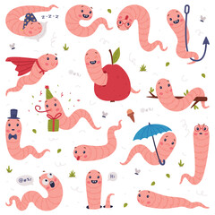 Funny Pink Worm Character with Long Tube Body and Smiling Face Vector Set