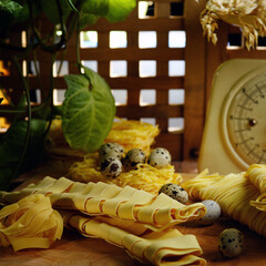 Homemade noodles according to the Italian recipe. Homemade food. Rustic.