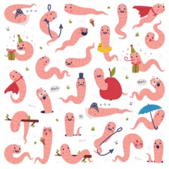 Fototapeten Funny Pink Worm Character with Long Tube Body and Smiling Face Vector Set © topvectors