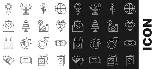 Set line Valentines day party flyer with heart, Two coffee cup and, Suit, Flower, Wedding cake, Envelope, Female gender symbol and Photo camera icon. Vector