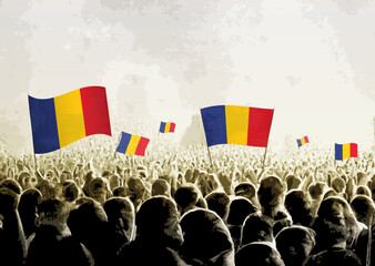 Crowd with the flags of Romania, people cheering national team of Romania. Ai generated illustration of crowd.