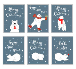 Merry Christmas and happy new year greeting card with cute polar bear and penguin. Hand lettering calligraphy. Animal wildlife holidays cartoon character vector set.
