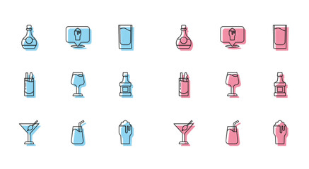 Set line Martini glass, Cocktail, Bottle of cognac or brandy, Glass beer, Wine, Whiskey bottle, Bloody Mary and Alcohol bar location icon. Vector