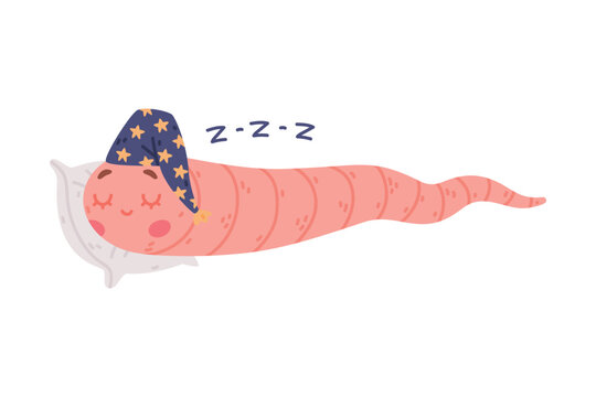 Funny Pink Worm Character with Long Tube Body in Night Cap Sleeping on Pillow Vector Illustration