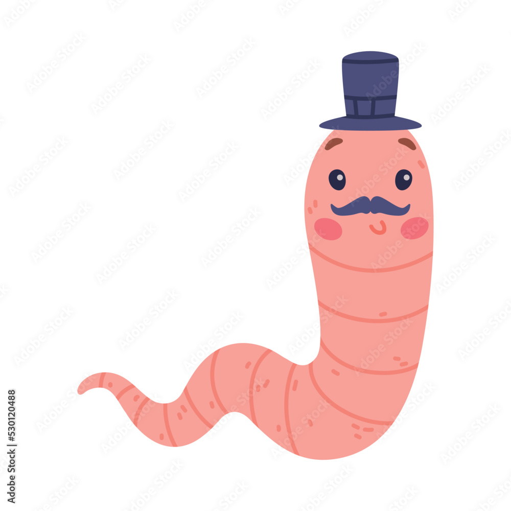 Wall mural Funny Pink Worm Character with Long Tube Body in Top Hat and Mustache Vector Illustration