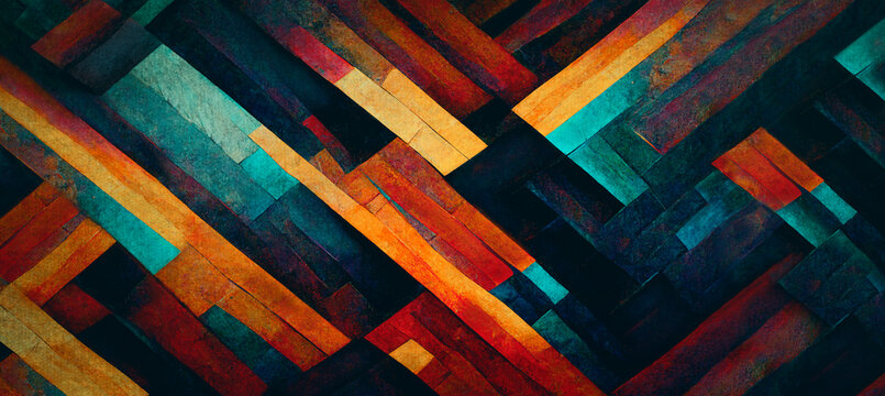 Abstract colorful geometric background. Color oil paint geometry line wallpaper. Fine art canvas, vibrant and moody color texture.