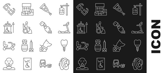 Set line Hearing aid, Dental implant, Treadmill machine, Crutch or crutches, Woman wheelchair, Elevator for disabled, Eyeglasses and Prosthesis hand icon. Vector