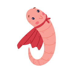 Funny Pink Worm Character with Long Body Wearing Red Cape Vector Illustration