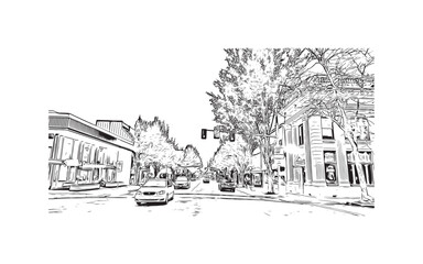 Building view with landmark of Olympia is the 
city in Washington State. Hand drawn sketch illustration in vector.