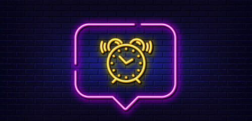 Neon light speech bubble. Alarm clock line icon. Time sign. Watch symbol. Neon light background. Alarm clock glow line. Brick wall banner. Vector