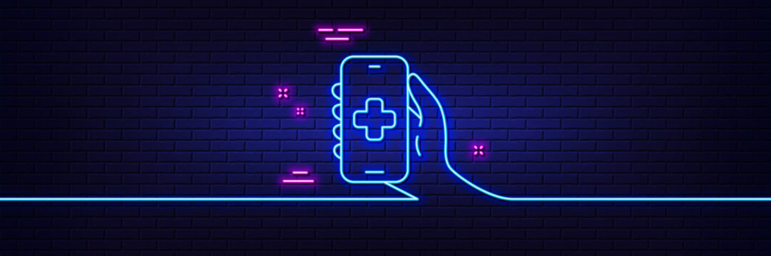 Neon light glow effect. Health phone app line icon. Medical healthcare sign. Online doctor symbol. 3d line neon glow icon. Brick wall banner. Health app outline. Vector