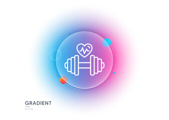 Dumbbell with heartbeat line icon. Gradient blur button with glassmorphism. Workout equipment sign. Cardio Gym fit symbol. Transparent glass design. Dumbbell line icon. Vector