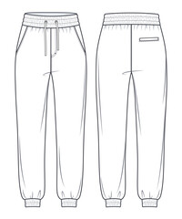 Jogger Pants fashion flat technical drawing template. Unisex Sweat Pants technical fashion Illustration, oversize, pocket, elastic waistband, front, back view, white, women, men, unisex CAD mockup.