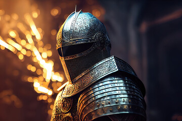 Knight in shining armor. Medieval 3D render. Epic warrior. Fantasy swordman. Middle age soldier with plated armor. Fantasy illustration. - obrazy, fototapety, plakaty