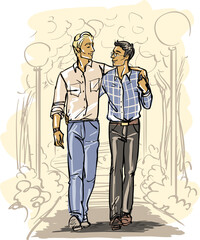 Happy men together. Gay couple. Hand drawn sketch.