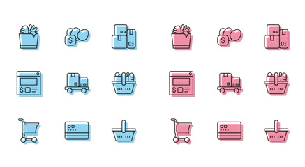 Set line Shopping cart, Credit card, bag and food, basket, Hand truck boxes, Online ordering delivery and Price tag for egg icon. Vector