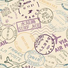 Vector seamless pattern cancellation and other postal stamps of different countries color on beige background