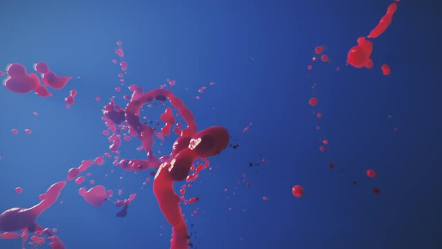 Red blood-like slow motion liquid and droplets on sky blue background. Visual loop.
