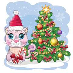 Cute cartoon cat in Santa's hat near the decorated Christmas tree. Winter 2023, Christmas and Chinese New