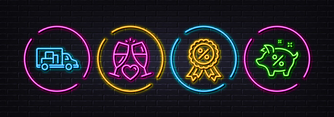 Wedding glasses, Discount medal and Truck transport minimal line icons. Neon laser 3d lights. Loan percent icons. For web, application, printing. Love champagne, Sale award, Delivery. Vector