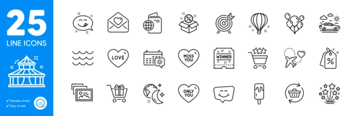 Fototapeten Outline icons set. Waves, Car travel and Yummy smile icons. Sleep, Photo album, Refresh cart web elements. Only you, Love, Miss you signs. Circus, Love letter, Honeymoon travel. Sale. Vector © blankstock