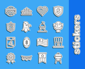 Set line Barbecue grill, Patriotic American top hat, Tourist binoculars, USA Independence day, Eagle, Shield with stars, Vote and White House icon. Vector