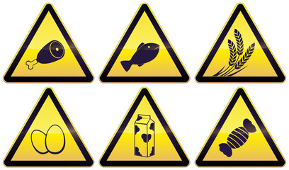 Collection of yellow and black triangular food hazard sign with the symbols of meat, fish, gluten, cereals, eggs, milk and sugar