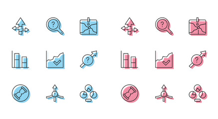 Set line Old hourglass with sand, Arrow, Pie chart infographic, Financial growth increase, Graph, chart, diagram and Unknown search icon. Vector