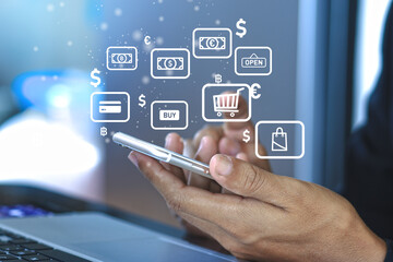 User using smartphone online shopping, internet network connection, social media, technology icons