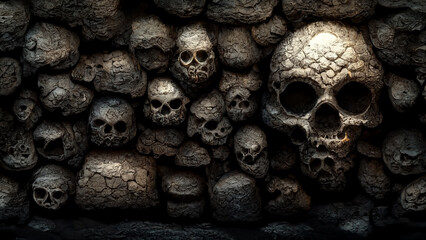 Wall made of skulls in the catacombs dungeon, 3d illustration