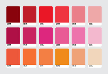 Modern color palette swatch set. Trendy orange pink red colour catalog samples. Vector illustration