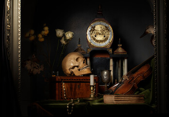 Close-up still life, Dutch painting of the 17th century. On the table on a black background are...