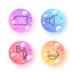 Winner podium, Bitcoin project and Loud sound minimal line icons. 3d spheres or balls buttons. Discount banner icons. For web, application, printing. First place, Cryptocurrency startup, Music. Vector