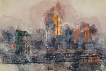 Digital watercolour painting of LONDON, JANUARY 30, 2022 - Epic sunrise view of City Square Mile in London at sunrise with beautful soft light and all landmark building visible