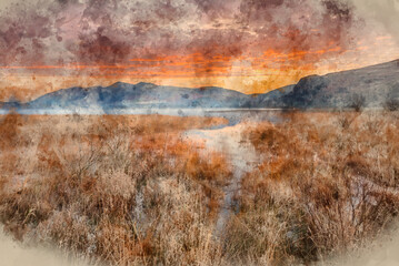 Digital watercolour painting of Absolutely stunning vibrant Autumn sunrise landscape image looking from Manesty Park in Lake Distict towards sunlit Skiddaw Range 