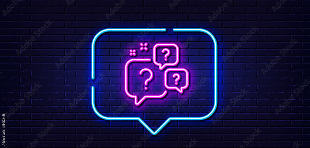 Poster neon light speech bubble. question bubbles line icon. ask help sign. faq questionnaire symbol. neon 