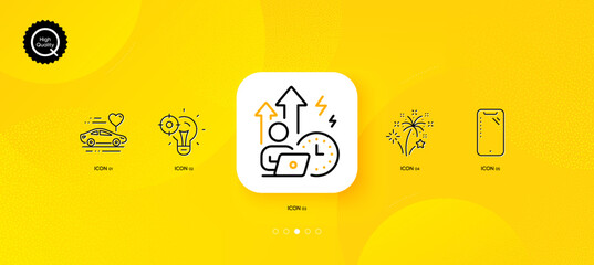 Fototapeta na wymiar Difficult stress, Fireworks and Seo idea minimal line icons. Yellow abstract background. Smartphone, Honeymoon travel icons. For web, application, printing. Vector