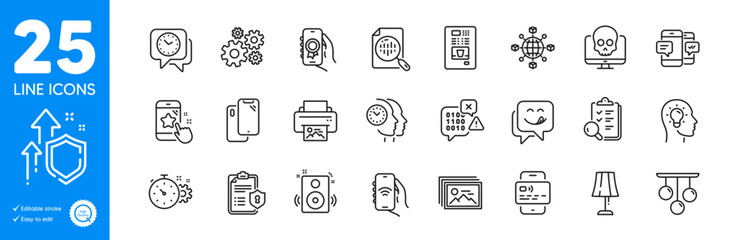 Outline icons set. Speakers, Yummy smile and Cogwheel icons. Inspect, Table lamp, Smartphone web elements. Time management, Idea head, Image gallery signs. Binary code, Card, Smartphone sms. Vector