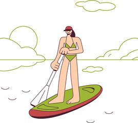 girl on the beach on a paddle board exaggerated style