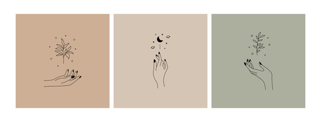 Abstract female hands logo. Hand drawn boho feminine fingers with flower, moon shapes. Linear vector illustration